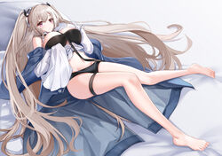  absurdres anchorage_(azur_lane) azur_lane bare_shoulders barefoot black_shorts blue_coat breasts cleavage coat feet female full_body hair_spread_out headgear highres large_breasts light_brown_hair long_hair long_sleeves looking_at_viewer lying on_back open_clothes open_coat purple_eyes shorts solo sorayo_noriyuki twintails very_long_hair 