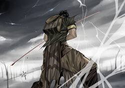  1boy absurdres backpack bad_id bad_pixiv_id bag black_hair blood brown_pants chinese_commentary clutching_chest dutch_angle english_commentary feet_out_of_frame fighting_stance from_behind green_shirt grey_sky highres lightning male_focus mixed-language_commentary novice_(ragnarok_online) pants pupuddddy ragnarok_online shirt short_hair signature sky solo standing torn_clothes torn_pants veins 