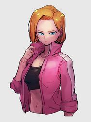  android_18 blonde_hair blue_eyes breasts cleavage closed_mouth commentary_request crop_top dragon_ball dragon_ball_super female grey_background jacket kemachiku long_sleeves looking_at_viewer medium_breasts midriff navel pink_jacket short_hair simple_background solo upper_body 