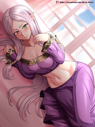  absurdres artist_name closed_mouth female fire_emblem fire_emblem:_the_binding_blade green_eyes heterochromia highres idunn_(fire_emblem) long_hair long_sleeves lying midriff navel on_side patreon_logo patreon_username photoshop_(medium) pointy_ears purple_hair red_eyes solo vilde_loh_hocen watermark web_address window 