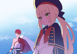  1boy artoria_caster_(fate) artoria_caster_(second_ascension)_(fate) artoria_pendragon_(fate) belt beret blonde_hair blue_belt blue_cape blue_headwear blue_sky blush breasts buttons cape double-breasted emiya_shirou fate/grand_order fate_(series) female green_eyes hat katana long_hair long_sleeves looking_at_viewer multicolored_cape multicolored_clothes o-ring o-ring_belt orange_hair petals senji_muramasa_(fate) short_hair single_bare_shoulder sky small_breasts striped_belt sword weapon white_cape zenshin 