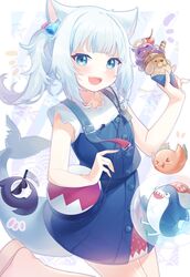  :d absurdres akiaki_(aki70102) animal_ears bad_id bad_twitter_id bag bloop_(gawr_gura) blue_dress blue_eyes blue_hair blush bubba_(watson_amelia) cat_ears commentary death-sensei_(mori_calliope) dress female fins fish_tail food gawr_gura gawr_gura_(casual) grey_hair hair_ornament hand_up highres holding holding_food hololive hololive_english ice_cream_cone kotori_(takanashi_kiara) long_hair looking_at_viewer multicolored_hair official_alternate_costume shark_girl shark_tail sharp_teeth shoulder_bag side_ponytail sidelocks smile solo standing standing_on_one_leg streaked_hair symbol-only_commentary tail takodachi_(ninomae_ina&#039;nis) teeth upper_teeth_only virtual_youtuber 