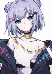  absurdres bad_id bad_pixiv_id bare_shoulders black_bow black_jacket blue_eyes blue_hair blunt_bangs bow choker closed_mouth collarbone double_bun female hair_bun hair_ornament hairclip highres indie_virtual_youtuber jacket looking_at_viewer medium_hair off_shoulder pension_z shirt shizukou sidelocks solo upper_body virtual_youtuber white_background white_shirt 