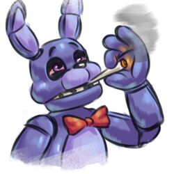  1:1 2023 advos ambiguous_gender animatronic anthro blue_body blue_fur bonnie_(fnaf) bow_tie digital_media_(artwork) drugs eyebrows five_nights_at_freddy&#039;s fur lagomorph leporid machine mammal marijuana purple_eyes rabbit robot robot_anthro scottgames simple_background smoking smoking_marijuana solo stoned substance_intoxication teeth 