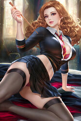  between_breasts black_shirt black_skirt black_thighhighs blonde_hair bra breasts breasts_apart commentary_request english_commentary female harry_potter_(series) hermione_granger highres holding holding_wand indoors large_breasts long_hair looking_at_viewer mixed-language_commentary necktie neoartcore on_floor paid_reward_available panties pantyshot patreon_username red_bra red_eyes red_necktie red_panties shirt skirt solo thai_commentary thighhighs underwear wand wizarding_world yellow_necktie 