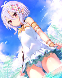  :o absurdres antenna_hair bare_shoulders blue_sky blush breasts cameltoe casual_one-piece_swimsuit cloud cloudy_sky commentary covered_navel covered_nipples cowboy_shot day dutch_angle elf female flower frilled_one-piece_swimsuit frills from_below grey_hair hair_between_eyes hair_flower hair_ornament highres kokkoro_(princess_connect!) kokkoro_(summer)_(princess_connect!) one-piece_swimsuit outdoors parted_lips pink_flower pointy_ears princess_connect! red_eyes see-through short_hair skirt skirt_tug sky small_breasts solo standing swimsuit wading water white_flower white_one-piece_swimsuit xue_lu 