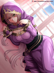  absurdres artist_name dress female fire_emblem fire_emblem:_the_binding_blade green_eyes heterochromia highres hood hood_up idunn_(fire_emblem) long_hair long_sleeves lying on_side parted_lips patreon_logo patreon_username photoshop_(medium) purple_hair red_eyes solo vilde_loh_hocen watermark web_address window 