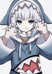  absurdres animal_hood bad_id bad_pixiv_id blue_eyes blunt_bangs claw_pose female gawr_gura gawr_gura_(1st_costume) grey_hair hands_up highres hololive hololive_english hood jacket long_sleeves looking_at_viewer medium_hair nail_polish pension_z purple_jacket shark_hood sidelocks solo standing teeth upper_body virtual_youtuber white_background wide_sleeves 