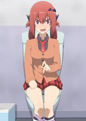  @_@ bad_id bad_twitter_id black_shirt cardigan commentary female gabriel_dropout hair_ornament hair_rings necktie nervous nervous_smile panties panty_pull plaid plaid_skirt red_eyes red_hair salpin satanichia_kurumizawa_mcdowell school_uniform shirt sitting skirt smile striped_clothes striped_panties sweat toilet toilet_use trash_can underwear 