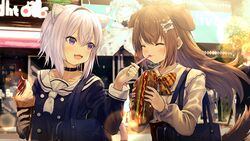  2girls :3 :d a-chan_(hololive) absurdres ahoge animal_ear_fluff animal_ears bag black_choker black_shirt blouse blurry blurry_background blush bone_hair_ornament bow bowtie breasts brown_hair buttons cameo cat_ears cat_tail choker closed_eyes closed_mouth commentary day dog_ears dog_girl dog_tail double-breasted feeding food hair_between_eyes hair_ornament hairband highres holding holding_food hololive ice_cream_cone inugami_korone inugami_korone_(street) lens_flare light_purple_hair long_hair long_sleeves looking_at_another misaki_nonaka multiple_girls nail_polish neckerchief nekomata_okayu nekomata_okayu_(casual) oerba_yun_fang official_alternate_costume open_mouth outdoors plaid_neckwear purple_eyes sailor_collar sandwich school_bag school_uniform serafuku shirt short_hair small_breasts smile sparkle tail upper_body usada_pekora virtual_youtuber white_nails white_neckerchief white_shirt yellow_bow yellow_bowtie 