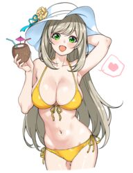  absurdres aqua_ribbon arm_behind_head arm_up armpits bikini blue_archive blush breasts cleavage coconut collarbone commentary cowboy_shot dot_nose drink drinking_straw female flower front-tie_bikini_top front-tie_top fruit_cup green_eyes grey_hair hat hat_flower hat_ribbon heart highres holding holding_drink large_breasts long_hair looking_at_viewer md5_mismatch navel nonomi_(blue_archive) nonomi_(swimsuit)_(blue_archive) official_alternate_costume open_mouth parabi ribbon side-tie_bikini_bottom sidelocks simple_background solo spoken_heart sun_hat swimsuit white_background white_hat yellow_bikini 