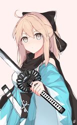  ahoge arm_guards black_scarf blonde_hair bow breasts closed_mouth fate/grand_order fate_(series) female hair_between_eyes hairbow hand_up haori highres holding holding_sword holding_weapon japanese_clothes katana kimono long_sleeves looking_at_viewer maccaron medium_breasts medium_hair obi off_shoulder okita_souji_(fate) okita_souji_(koha-ace) red_eyes sash scarf sheath shinsengumi sidelocks signature solo standing sword upper_body weapon white_background white_kimono wide_sleeves 