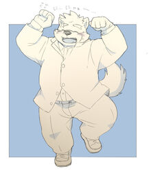  2021 anthro blush bottomwear canid canine canis closed_eyes clothing domestic_dog inunoshippo japanese_text kemono lifewonders male mammal moritaka_(tas) overweight overweight_anthro overweight_male pants scar shirt solo text tokyo_afterschool_summoners topwear 