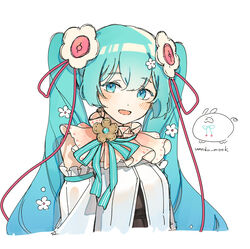  absurdres artist_logo artist_name blue_eyes blue_hair blue_ribbon blush commentary dress female flower hair_flower hair_ornament hatsune_miku highres long_hair looking_at_viewer magical_mirai_(vocaloid) magical_mirai_miku magical_mirai_miku_(2021) open_mouth ribbon simple_background smile solo twintails upper_body vocaloid wandu_mook white_background white_dress white_flower 