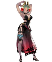  armpits arms_behind_head arms_up black_footwear black_one-piece_swimsuit breasts cleavage covered_navel earrings female fire_emblem fire_emblem_heroes flower full_body gradient_hair green_hair hair_flower hair_ornament halterneck hibiscus highres holster jewelry laegjarn_(fire_emblem) laegjarn_(summer)_(fire_emblem) large_breasts lips looking_at_viewer maeshima_shigeki multicolored_hair official_art one-piece_swimsuit orange_hair parted_lips red_eyes sandals sarong see-through shiny_clothes shiny_skin short_hair smile solo standing swimsuit thigh_holster toeless_footwear toes transparent_background 