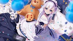  aged_down apron azur_lane blue_dress blue_eyes blue_footwear blush braid collarbone commentary dhfz181 dress elbow_gloves female frills from_above game_console gloves highres little_bel_(azur_lane) loafers long_hair looking_at_viewer maid maid_headdress on_bed one_side_up ribbon shoes sitting sleeveless smile solo unworn_shoes white_gloves white_hair wii_u wii_u_gamepad 