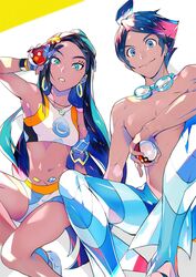  1boy aqua_eyes belly_chain blue_eyes blue_hair commentary_request crop_top dark-skinned_female dark_skin earrings female goggles goggles_around_neck highres holding holding_poke_ball hoop_earrings jewelry legskin long_hair male_swimwear marlon_(pokemon) midriff multicolored_hair necklace nessa_(pokemon) poke_ball poke_ball_(basic) pokemon pokemon_bw2 pokemon_swsh sitting swimsuit tan tanlines trait_connection two-tone_hair yuuichi_(bobobo) 