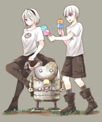  1boy 1other 2b_(nier:automata) 9s_(nier:automata) black_footwear black_hairband black_skirt black_thighhighs blindfold boots casual commentary_request dual_wielding female grey_background grey_eyes hair_over_one_eye hairband haruka_(siaru) holding ice_cream_cone kneehighs machine_(nier) nier:automata nier_(series) pod_(nier:automata) robot shirt short_hair shorts simple_background skirt socks standing t-shirt thigh_boots thighhighs white_hair white_shirt 