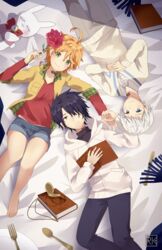  2boys ahoge barefoot bed_sheet black_hair black_pants blonde_hair blue_eyes blue_shorts book bouquet brown_eyes cardigan closed_mouth collar collarbone collared_shirt commentary_request emma_(yakusoku_no_neverland) female flower fork from_above green_eyes grey_pants hair_over_one_eye hands_on_stomach highres holding holding_bouquet hood hood_down hooded_cardigan k-rumi long_sleeves lying multiple_boys neck_tattoo norman_(yakusoku_no_neverland) number_tattoo on_back open_book pants ray_(yakusoku_no_neverland) red_flower red_shirt shirt short_hair short_shorts shorts smile spoon stuffed_animal stuffed_toy sweater tattoo white_cardigan white_hair white_shirt white_sweater wing_collar yakusoku_no_neverland 