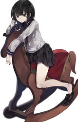  arm_up black_eyes black_footwear black_hair black_sailor_collar black_skirt closed_mouth commentary_request eyebrows_hidden_by_hair female fingernails full_body highres loafers long_hair long_sleeves nail_polish no_socks ogami_ren original pleated_skirt red_nails rocking_horse sailor_collar school_uniform serafuku shirt shoe_dangle shoes simple_background sitting skirt smile solo very_long_hair white_background white_shirt 