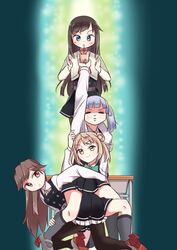  4girls =_= arashio_(kancolle) arashio_kai_ni_(kancolle) arm_up asashio_(kancolle) asashio_kai_ni_(kancolle) belt black_dress black_hair black_pantyhose blue_eyes blunt_bangs blush brown_eyes brown_hair bubble_tea bubble_tea_challenge buttons collared_shirt commentary cup desk disposable_cup double_bun dress drinking_straw drinking_straw_in_mouth frilled_dress frills green_eyes green_neckwear grey_legwear gundam gundam_narrative hair_between_eyes hair_bun hair_ribbon kantai_collection kneehighs kneeling light_brown_hair long_hair long_sleeves michishio_(kancolle) michishio_kai_ni_(kancolle) multiple_girls narrative_formation neck_ribbon ooshio_(kancolle) ooshio_kai_ni_(kancolle) pantyhose parody parted_lips pinafore_dress pose purple_hair red_ribbon ribbon rudder_footwear shirt shoes short_twintails sleeveless sleeveless_dress smile socks sun_fle sweat swept_bangs twintails v-shaped_eyebrows white_shirt yellow_eyes 