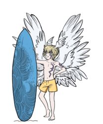  5:6 alpha_channel bandai_namco board bottomwear clothed clothing digimon digimon_(species) feathered_wings feathers hi_res humanoid lucemon mabaya male not_furry shorts solo surfboard swimming swimming_trunks swimwear topless vehicle watercraft winged_humanoid wings 