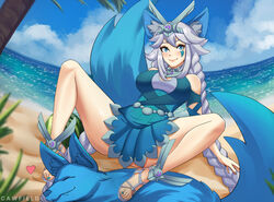  1girls animal_ears arm_support arms_behind_back beach big_breasts big_tail big_thighs blue_eyes blue_skirt blush braid braided_hair braided_twintails canine cawfield cleavage cleavage_cutout closed_mouth clothed clothing clouds dog_ears eyebrows feet female female_focus female_only flustered full_body fully_clothed goddess grey_hair hair hair_ornament hair_over_breasts heart huge_tail io_(paladins) legs legs_apart legs_held_open legs_up lips long_hair looking_away luna_(paladins) ocean on_ground paladins palm_tree sandals sitting sitting_on_floor sitting_on_ground skirt sky smile smiling solo_focus spread_legs spreading tail tattoo tattoo_on_face thick_thighs thighs tiara toes twintails very_long_hair watermelon 