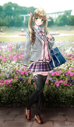  black_thighhighs blazer blonde_hair blurry blurry_background bow bowtie brown_footwear commentary_request day depth_of_field female flower full_body green_eyes head_tilt highres jacket kazuharu_kina loafers long_sleeves looking_at_viewer medium_hair miniskirt original outdoors over-kneehighs petunia_(flower) pink_bow pink_bowtie pink_flower plaid plaid_skirt pleated_skirt purple_flower school_uniform shoes skirt solo thighhighs twintails zettai_ryouiki 