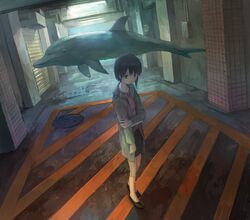  air_conditioner animal black_footwear black_hair black_skirt brown_eyes brown_legwear ceiling_light coat commentary crossover dolphin ecco_the_dolphin ecco_the_dolphin_(game) female green_coat highres indoors iwakura_lain jacket kneehighs long_sleeves looking_to_the_side manhole open_clothes open_coat pencil_skirt red_shirt serial_experiments_lain sewer shirt shoes short_hair skirt socks standing surreal tokunaga_akimasa wing_collar 