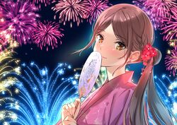  blush breasts brown_hair earrings fan_la_norne female fireworks flower hair_flower hair_ornament hand_fan japanese_clothes jewelry kimono long_hair looking_at_viewer misu_kasumi night small_breasts smile solo upper_body xenoblade_chronicles_(series) xenoblade_chronicles_2 yellow_eyes yukata 