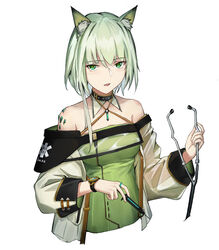  animal_ears arknights bare_shoulders black_choker choker female gem green_eyes grey_hair highres jewelry kal&#039;tsit_(arknights) long_sleeves material_growth medium_hair oripathy_lesion_(arknights) ring simple_background solo star_of_life stethoscope syringe upper_body veolia watch white_background 