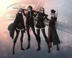  404_(girls&#039;_frontline) 4girls alternate_costume ammunition anti-materiel_rifle artist_name bad_id bad_pixiv_id bandolier barrel_shroud battlefield_(series) battlefield_1 belt bird black_cape black_coat black_jacket black_skirt black_thighhighs blue_background blue_hair blunt_bangs boots brown_belt brown_footwear brown_jacket buttons cape coat collared_cape collared_coat collared_jacket collared_shirt commentary_request country_connection cross cross_hair_ornament eagle flag_background full_body g11_(girls&#039;_frontline) germany girls&#039;_frontline gradient_background green_eyes grey_background grey_hair gun hair_ornament handgun hat hat_ornament haze head_tilt heraldry highres hk416_(girls&#039;_frontline) holding holding_gun holding_weapon holster holstered hood hood_up hooded_jacket imperial_german_flag imperial_war_flag iron_cross jacket korean_commentary lens_flare light_blue_hair light_brown_hair light_particles long_sleeves looking_at_viewer lzypoipoi mauser_c96 mauser_tankgewehr_m1918 military military_coat military_hat military_jacket military_uniform miniskirt mp18 multicolored_background multiple_girls over_shoulder pantyhose pleated_skirt pump_action red_headwear red_stripes red_trim rifle scar scar_across_eye scar_on_face shirt shotgun shotgun_shell single_stripe skirt sniper_rifle striped submachine_gun thighhighs two-tone_headwear ump45_(girls&#039;_frontline) ump9_(girls&#039;_frontline) uniform weapon weapon_on_back weapon_over_shoulder winchester_model_1897 world_war_i 