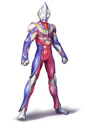  1boy alien armor bodysuit character_profile color_timer commentary_request full_body glowing glowing_eyes highres image_sample kuroda_asaki legs_apart male_focus multi_type_(ultra_series) multicolored_bodysuit multicolored_clothes no_humans reference_sheet solo tokusatsu twitter_sample ultra_series ultraman_tiga ultraman_tiga_(series) 