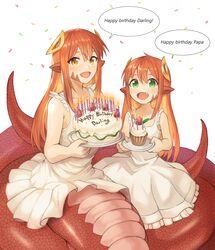  2girls :d absurdres bad_link bare_shoulders birthday birthday_cake cake candle coiled collarbone commission confetti cupcake dress english_text eyelashes food green_eyes hair_between_eyes hair_ornament hairclip happy happy_birthday highres holding lamia long_hair looking_at_viewer miia_(monster_musume) mika_(miiafag) monster_girl monster_musume_no_iru_nichijou mother_and_daughter multiple_girls oerba_yun_fang open_mouth original plate pointy_ears pov red_hair scales sidelocks simple_background sleeveless slit_pupils smile sookmo speech_bubble tail white_background white_dress yellow_eyes 