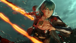  3d arm_guards blender_(medium) blood blood_on_face blue_hair breasts byleth_(female)_(fire_emblem) byleth_(fire_emblem) cleavage commentary female fire_emblem fire_emblem:_three_houses glowing glowing_sword glowing_weapon highres j9006 large_breasts medium_hair motion_blur serious solo sword_of_the_creator upper_body weapon whip_sword 