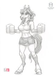  2022 alcohol anthro apron beer beer_foam beer_mug beverage big_breasts bottomwear breasts cleavage clothed clothing container cup dual_holding equid equine female fully_clothed fur greyscale hair holding_alcohol holding_beer holding_beer_mug holding_beverage holding_container holding_cup holding_mug holding_object horse kacey looking_at_viewer mammal midriff monochrome mug navel paper pen shirt shorts simple_background skimpy smile solo standing tail tank_top topwear unguligrade_anthro waiter writing_utensil 