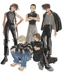  5boys atie1225 black_eyes black_footwear black_hair black_pants black_shirt blonde_hair blue_eyes braid brown_hair chang_wufei chinese_clothes commentary_request crossed_arms denim duo_maxwell expressionless full_body grey_pants grey_shirt gundam gundam_wing hair_over_one_eye heero_yuy highres jeans long_hair looking_at_viewer male_focus multiple_boys pants quatre_raberba_winner shirt shoes short_hair short_sleeves single_braid sitting sleeveless sleeveless_shirt sneakers standing striped_clothes striped_shirt tank_top trowa_barton white_background 