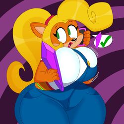  1:1 2022 3barts abstract_background absurd_res accessory activision anthro bandicoot big_breasts blonde_hair bouncing_breasts breast_jiggle breasts clothing coco_bandicoot crash_(series) crystal curvy_figure digital_media_(artwork) electronics eyelashes female fingers fur green_eyes hair hair_accessory hair_tie hi_res huge_breasts jiggling lips long_hair mammal marsupial multicolored_body multicolored_fur orange_body orange_fur overalls panties panty_shot phone ponytail simple_background smile solo standing tan_body tan_fur thick_thighs tongue two_tone_body two_tone_fur underwear wide_hips 