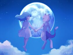  1998 ai_(pokemon) aqua_hair artist_name blue_eyes blue_sky closed_mouth cloud crying dress eye_contact female floating from_behind full_body furry gen_1_pokemon happy holding_hands horns legendary_pokemon long_hair long_sleeves looking_at_another mei_(maysroom) mewtwo moon night night_sky number open_mouth outdoors pokemon pokemon_(anime) pokemon_(creature) pokemon_m01 shoes signature sky smile star_(sky) starry_sky tail tears white_dress white_footwear 