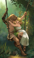  1boy archaic_set_(zelda) arm_tattoo arms_up asymmetrical_clothes blonde_hair couple dress female fine_art_parody highres link looking_at_another malin_falch parody plant pointy_ears princess_zelda sandals springtime_(pierre_auguste_cot) straight strapless strapless_dress swing tattoo the_legend_of_zelda the_legend_of_zelda:_tears_of_the_kingdom toes tree 