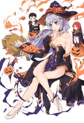  2boys absurdres alternate_costume armpit_crease black_choker black_hair book braid breasts broom chibi choker commission commissioner_upload female fire_emblem fire_emblem:_genealogy_of_the_holy_war fire_emblem:_thracia_776 fire_emblem_heroes halloween halloween_costume hat high_heels highres ishtar_(fire_emblem) julius_(fire_emblem) large_breasts legs long_hair multiple_boys non-web_source open_mouth pelvic_curtain pumpkin purple_eyes purple_hair reading red_hair reinhardt_(fire_emblem) sideboob single_braid skeb_commission thighs witch witch_hat yuuri_(orz_commushows) 