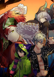  4boys abs animal_hood arm_up black_gloves black_hair black_headwear black_jacket black_star_-theater_starless- blue_eyes brown_eyes cat_hood collar elpam910 gloves green_headband grey_hair hair_between_eyes headband highres hood hoodie i-chu jacket leather leather_jacket long_sleeves looking_at_viewer madarao_tatsumi miya_(sk8) mizuki_(black_star) multicolored_hair multiple_boys navel one_eye_closed sk8_the_infinity streaked_hair striped_sleeves studded_collar yamanobe_mio yellow_eyes zipper 