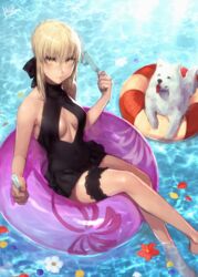  animal_ears artoria_pendragon_(alter_swimsuit_rider)_(fate) artoria_pendragon_(alter_swimsuit_rider)_(first_ascension)_(fate) artoria_pendragon_(fate) black_ribbon blush breasts bridal_garter canine cavall_the_2nd cleavage_cutout clothing_cutout commentary covered_navel crossed_legs dog_ears fate/grand_order fate_(series) female food highres innertube medium_breasts peperon_(peperou) petals popsicle ribbon samoyed_(dog) solo swim_ring water yellow_eyes 