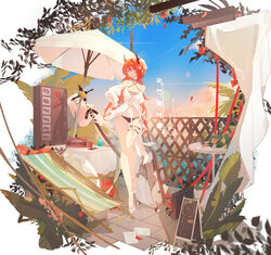  absurdres arknights beach_chair beach_umbrella bikini black_bikini black_choker breasts can character_name choker cleavage closed_mouth cloud commentary cup day demon_girl demon_horns detached_sleeves drinking_glass female flower full_body hair_between_eyes hair_ornament hair_rings hand_on_own_hip highres horns krao leaf light_blush light_smile long_hair looking_at_viewer medium_breasts ocean official_alternate_costume outdoors pink_eyes radio red_flower red_hair shoes sky solo standing star_(symbol) star_hair_ornament suitcase surtr_(arknights) surtr_(colorful_wonderland)_(arknights) swimsuit swimsuit_cover-up table umbrella very_long_hair water white_footwear white_sleeves yellow_flower 