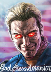  1boy absurdres american_flag blonde_hair closed_mouth costume english_text evil_grin evil_smile eye_beam eyebrows glaring glowing glowing_eyes grin hair_slicked_back highres homelander horikawa_shuukai looking_at_viewer male_focus portrait red_eyes sideburns smile solo superhero_costume the_boys veins western_comics_(style) 