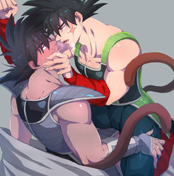  2boys after_kiss anamogu_(kuro771017) bara bardock black_hair black_pants blush cheek_press chest_armor dark-skinned_male dark_skin dragon_ball dragon_ball_z eye_contact highres large_pectorals look-alike looking_at_another male_focus monkey_tail multiple_boys muscular muscular_male on_person pants pectorals saiyan_armor saliva saliva_trail scar scar_on_cheek scar_on_face short_hair sitting sitting_on_person spiked_hair straddling tail tail_around_arm tongue tongue_out tullece vambraces yaoi 