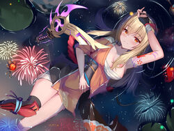  absurdres afloat arm_tattoo armor armpits bandaged_chest bandaged_leg bandages bare_arms bare_shoulders black_gloves blonde_hair blunt_bangs blush bow_(weapon) breasts chest_tattoo cleavage closed_mouth collarbone commentary_request dongyue_sakura eyebrows female fingerless_gloves fireworks genshin_impact gloves hand_on_own_forehead hand_on_own_stomach hand_up head_tilt highres japanese_armor japanese_clothes kimono knees_together_feet_apart long_hair looking_at_viewer looking_up medium_breasts obi orange_kimono partially_submerged plant reflection reflective_water ripples rope sarashi sash shimenawa short_kimono single_glove smile solo suneate tattoo thundering_pulse_(genshin_impact) vision_(genshin_impact) water weapon wet yellow_eyes yoimiya_(genshin_impact) 