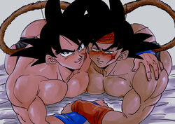  2boys absurdres ass bad_id bad_pixiv_id bara bardock bed black_hair black_male_underwear blush briefs closed_mouth dark-skinned_male dark_skin dragon_ball dragon_ball_z headband highres large_pectorals look-alike looking_at_viewer lovelybada lying male_focus male_underwear monkey_tail multiple_boys muscular muscular_male nipples on_bed on_stomach pectoral_docking pectoral_press pectorals red_headband scar scar_on_face short_hair smile spiked_hair tail tullece underwear wristband yaoi 