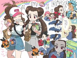  3boys 3girls :d antenna_hair bag baseball_cap blush_stickers brawly_(pokemon) brown_hair bruno_(pokemon) buttons character_print closed_eyes commentary_request dress eyelashes food grey_dress grin hair_ribbon handbag hat high_ponytail hilda_(pokemon) holding holding_phone long_hair lunatone maractus multiple_boys multiple_girls nibo_(att_130) nosepass open_mouth own_hands_together paper_bag phone pignite pink_hair poke_ball poke_ball_(basic) pokemon pokemon_(creature) pokemon_bw pokemon_hgss pokemon_masters_ex pokemon_oras porygon poryphone ribbon roxanne_(pokemon) shirt shorts sidelocks slurpuff smile teeth thorton_(pokemon) translation_request trista_(pokemon) white_headwear white_shirt 