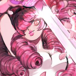  commentary curly_hair dress eyelashes female hair_over_one_eye highres holding holding_weapon lips lipstick long_hair looking_at_viewer makeup petals pink_hair plump rose_petals rose_quartz_universe sleeveless sleeveless_dress smile solo steven_universe sword symbol-shaped_pupils tsumugi_(mktmppp) weapon white_dress 